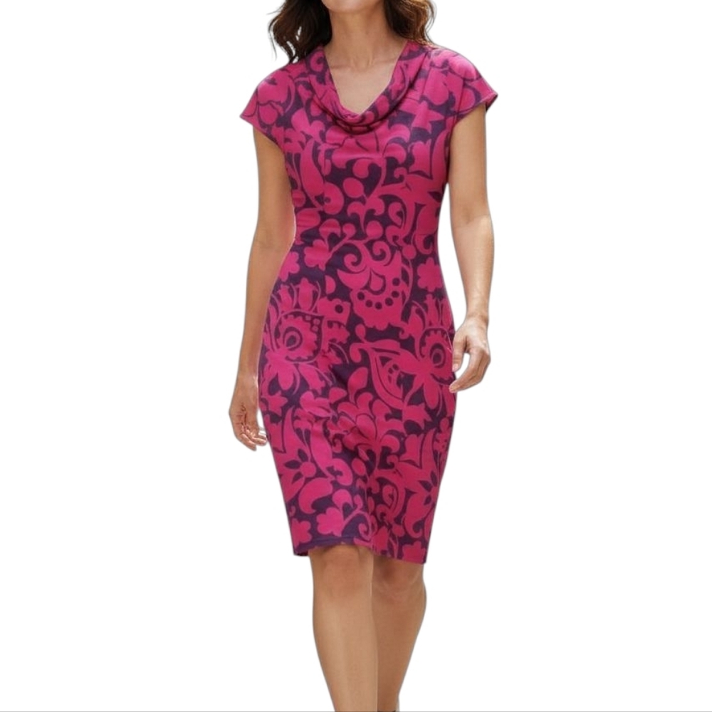 Talbot's Magenta Navy Floral 100% Linen Lined Sheath Career Dress Cowl Neck Sz 4